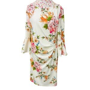 🌸 Jessica Howard Floral Bell Sleeve Dress 16 White Ruched Stretch Midi